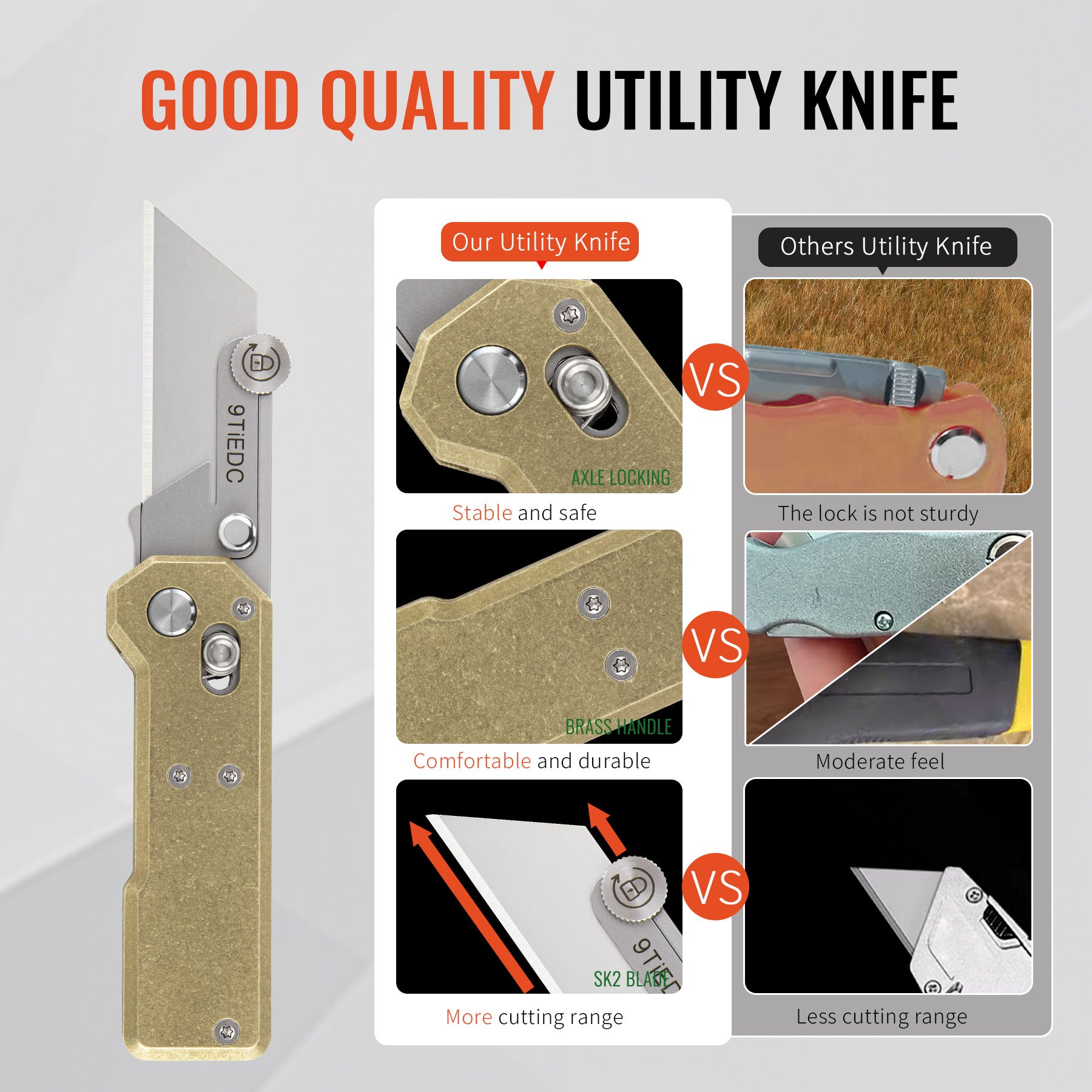 Folding Utility Knife, Brass Handle Heavy Duty Safety box cutter