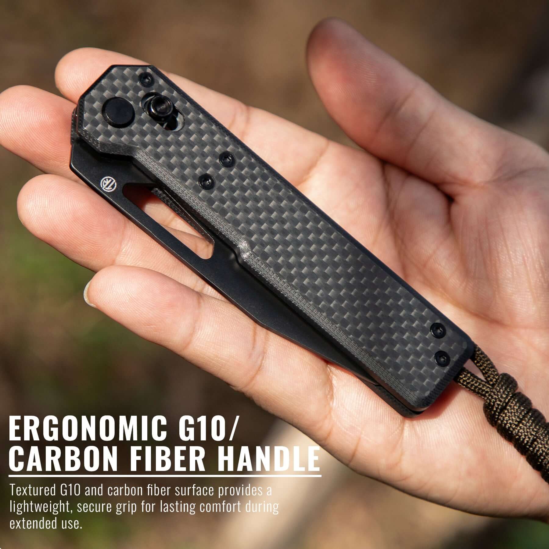 TACRAY Tarcus Folding Knife with D2 Steel Blade, Black PVD Coating, G10/Carbon Fiber Handle